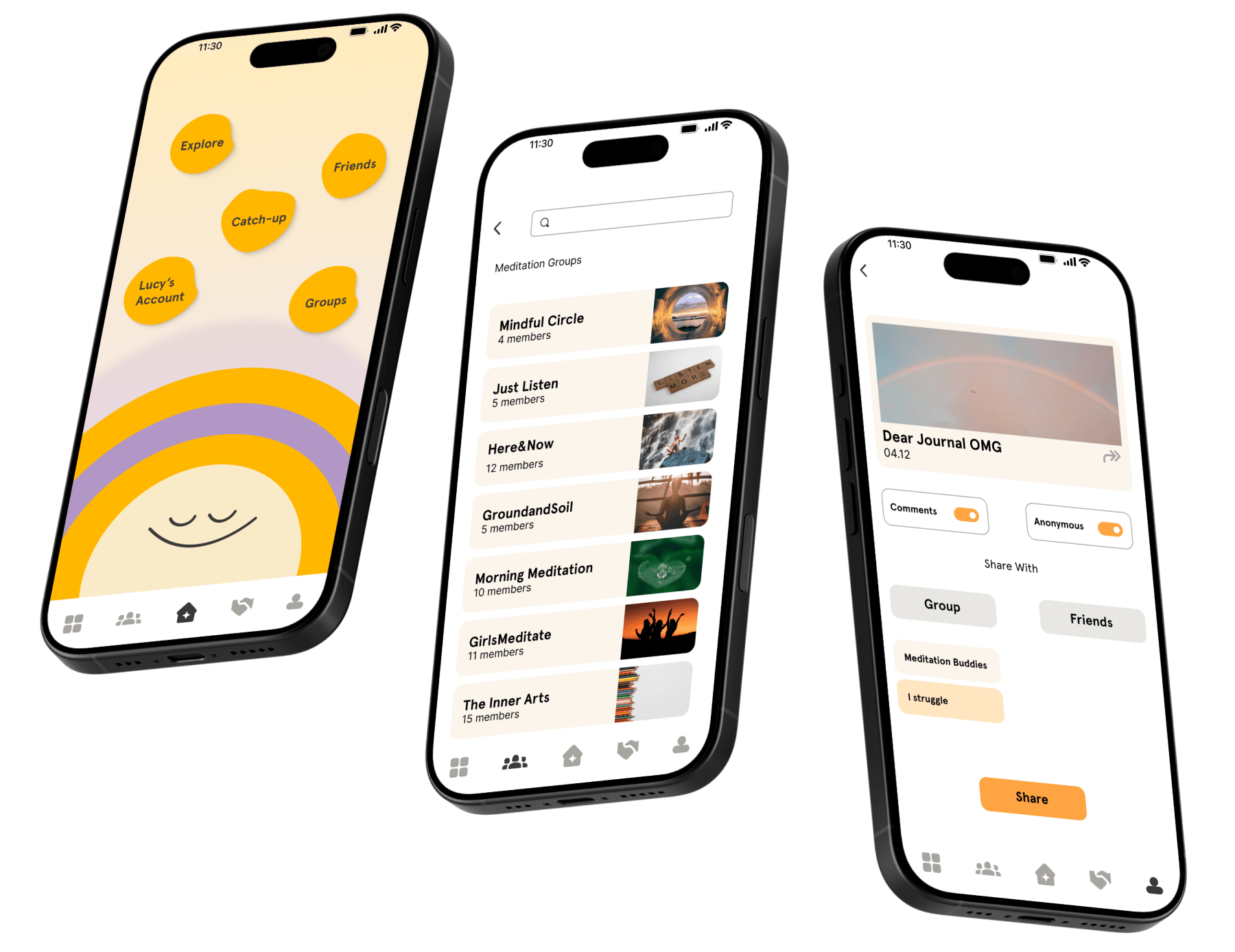 three phone screens showing design for miondfulness social feature 
