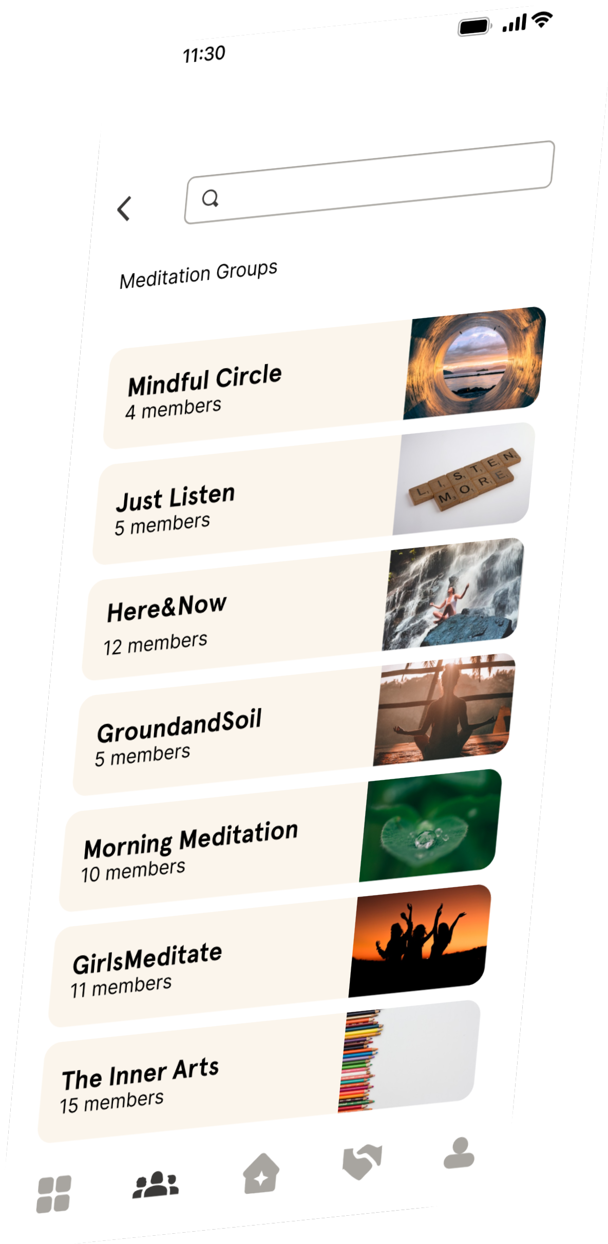 A mobile mock-up of a groups listing page for a social feture in headspace. 