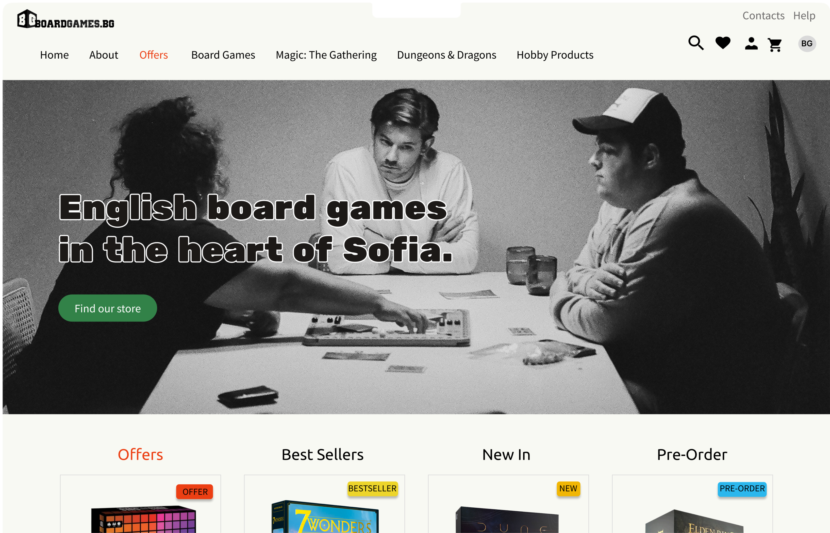 A homepgae desktop mock-up of a boardgame website. Hero reads English boardgames in the heart of Sofia. 
