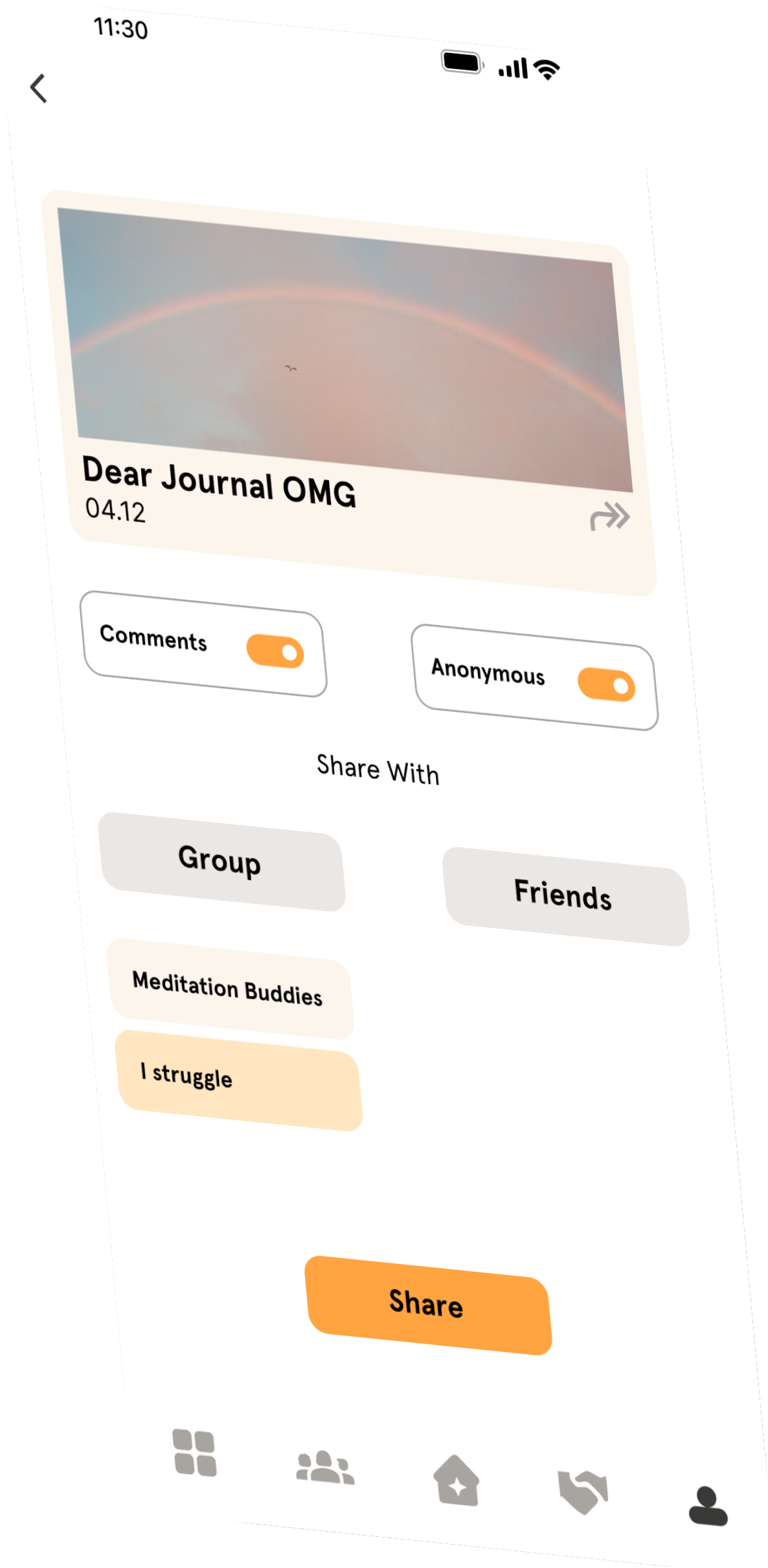 A mobile mock-up of a journal entry  in Headspace's social feature.